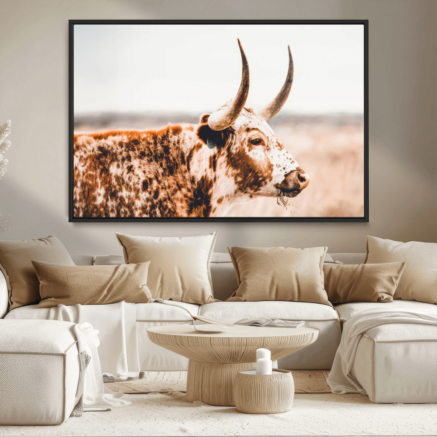 -Speckled Bull Wall Art Canvas Print – Rustic Cow Longhorn Farmhouse Animal Decor – Western Longhorn