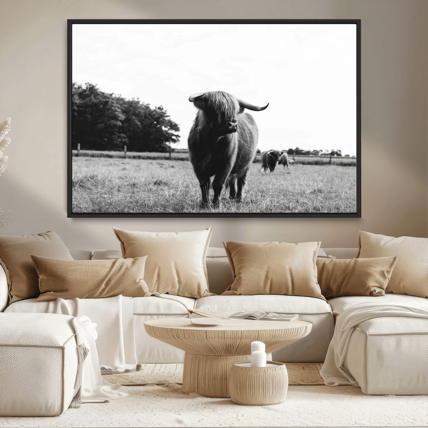 MGV-FC-36X24 - Black and White Highland Cow Wall Art Canvas Print | Rustic Western Decor for Living Room or Office,