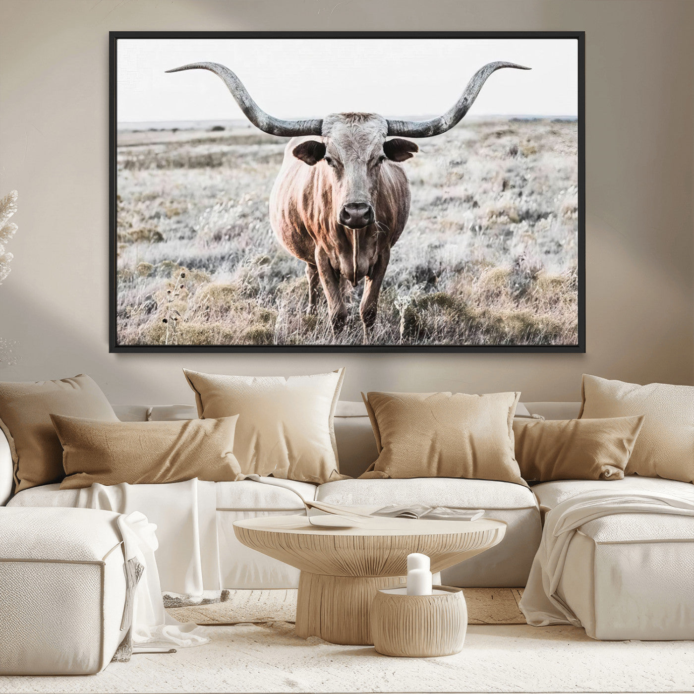 -Rustic Texas Longhorn Wall Art Canvas Print | Western Farmhouse Decor for Living Room or Office,