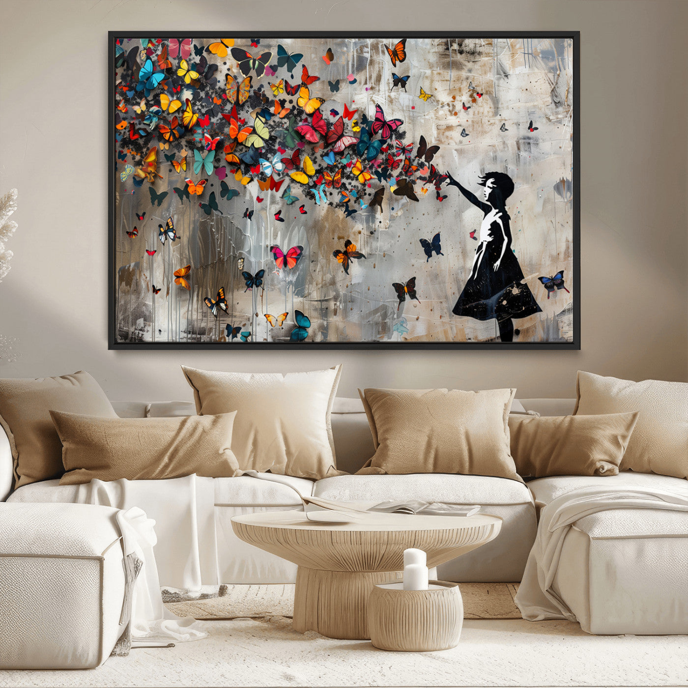 MGV-FC-36X24 - Banksy Wall Art - Banksy Girl and Butterfly Explosion Wall Art Canvas Print | Girl with Butterflies