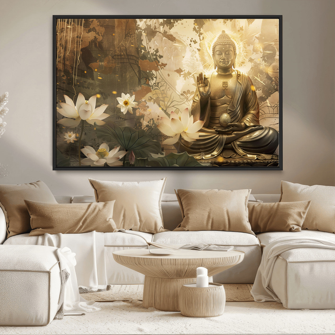MGV-FC-36X24 - Zen Buddha Wall Art Canvas Print | Peaceful Meditation Decor with Lotus Flowers | Spiritual Serenity