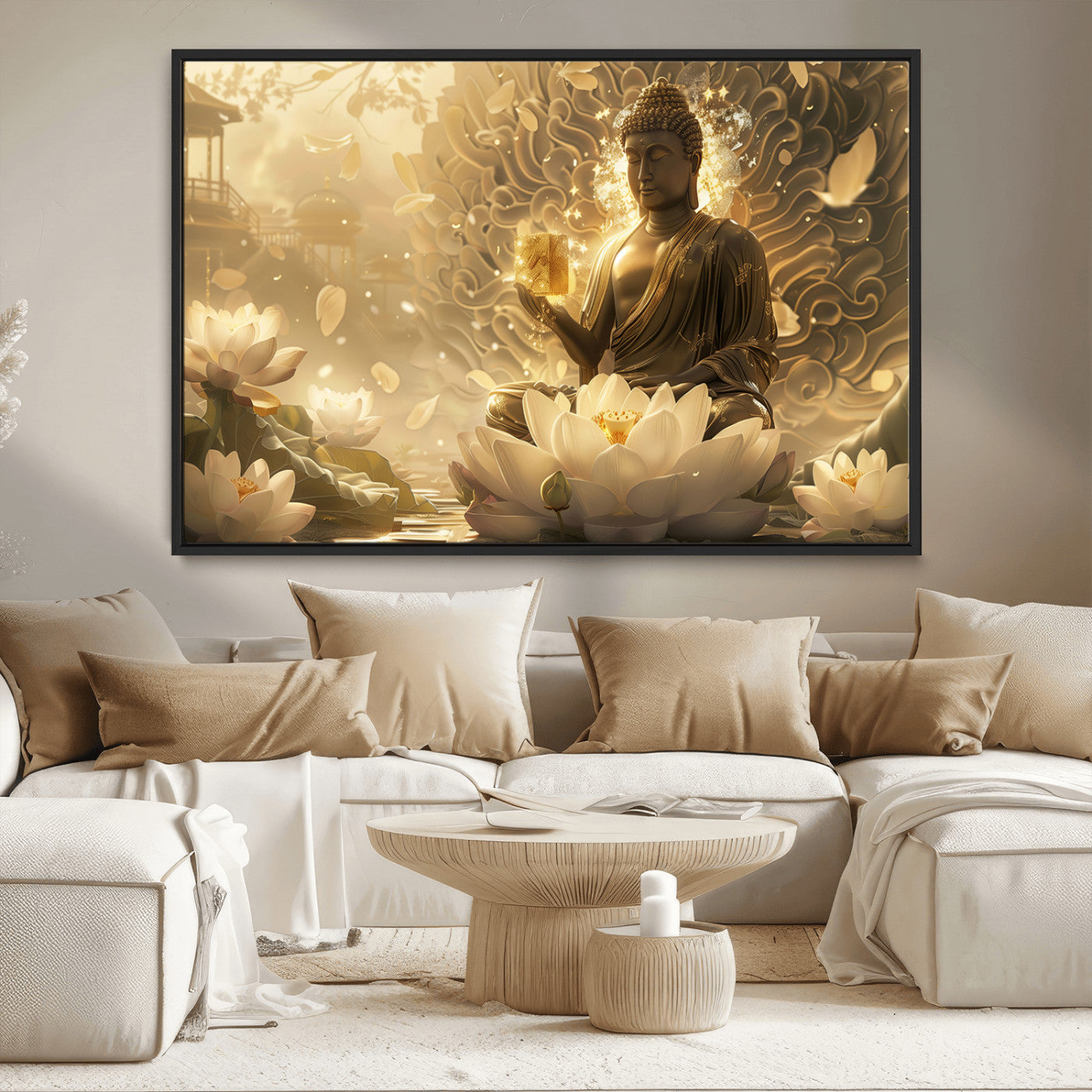 MGV-FC-36X24 - Golden Buddha Wall Art | Yoga Room Decor and Meditation Room Wall Art | Framed and Ready to Hang