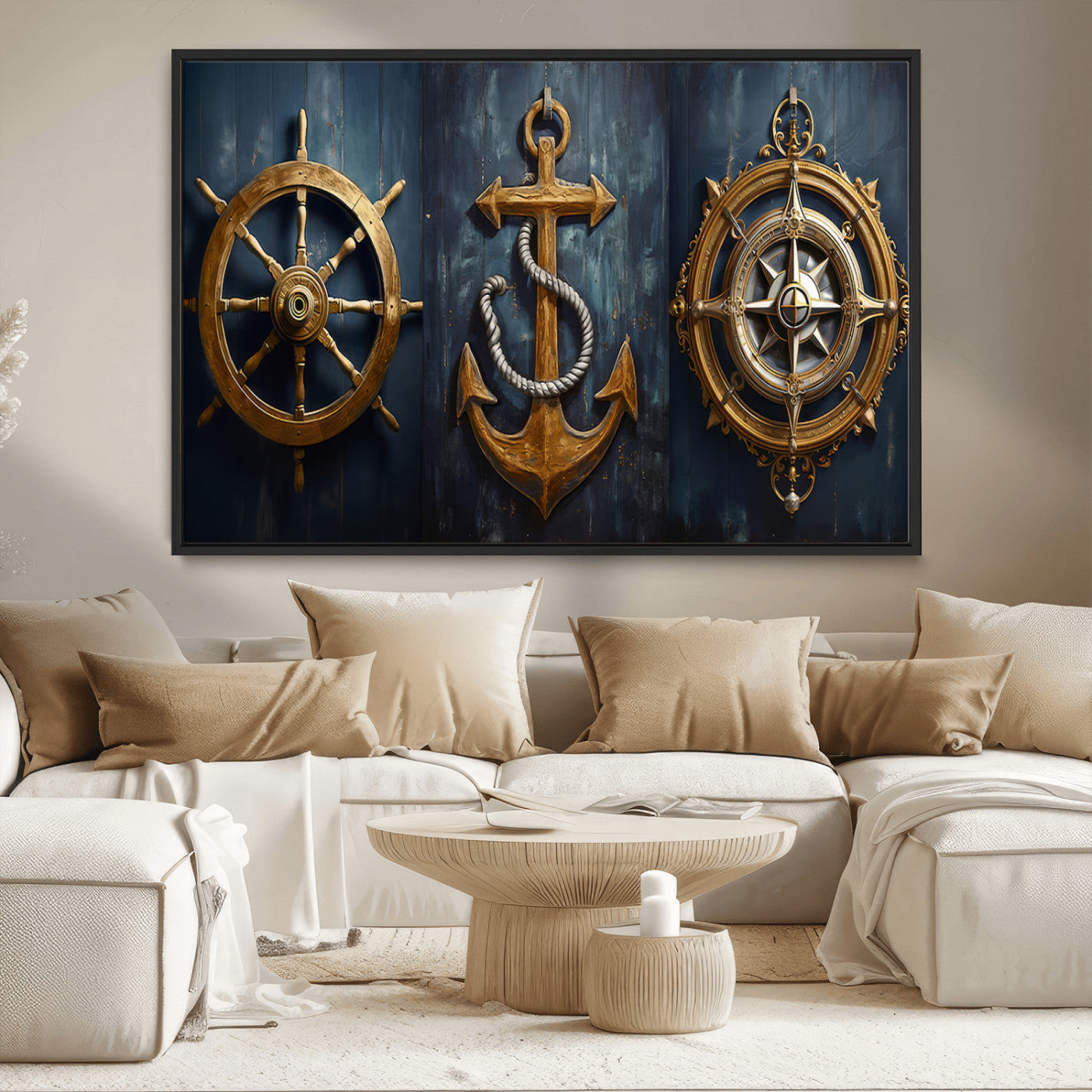 MGV-FC-36X24 - Boat Anchor Compass With Rope Wall Art Canvas Print | Beach House Wall Art