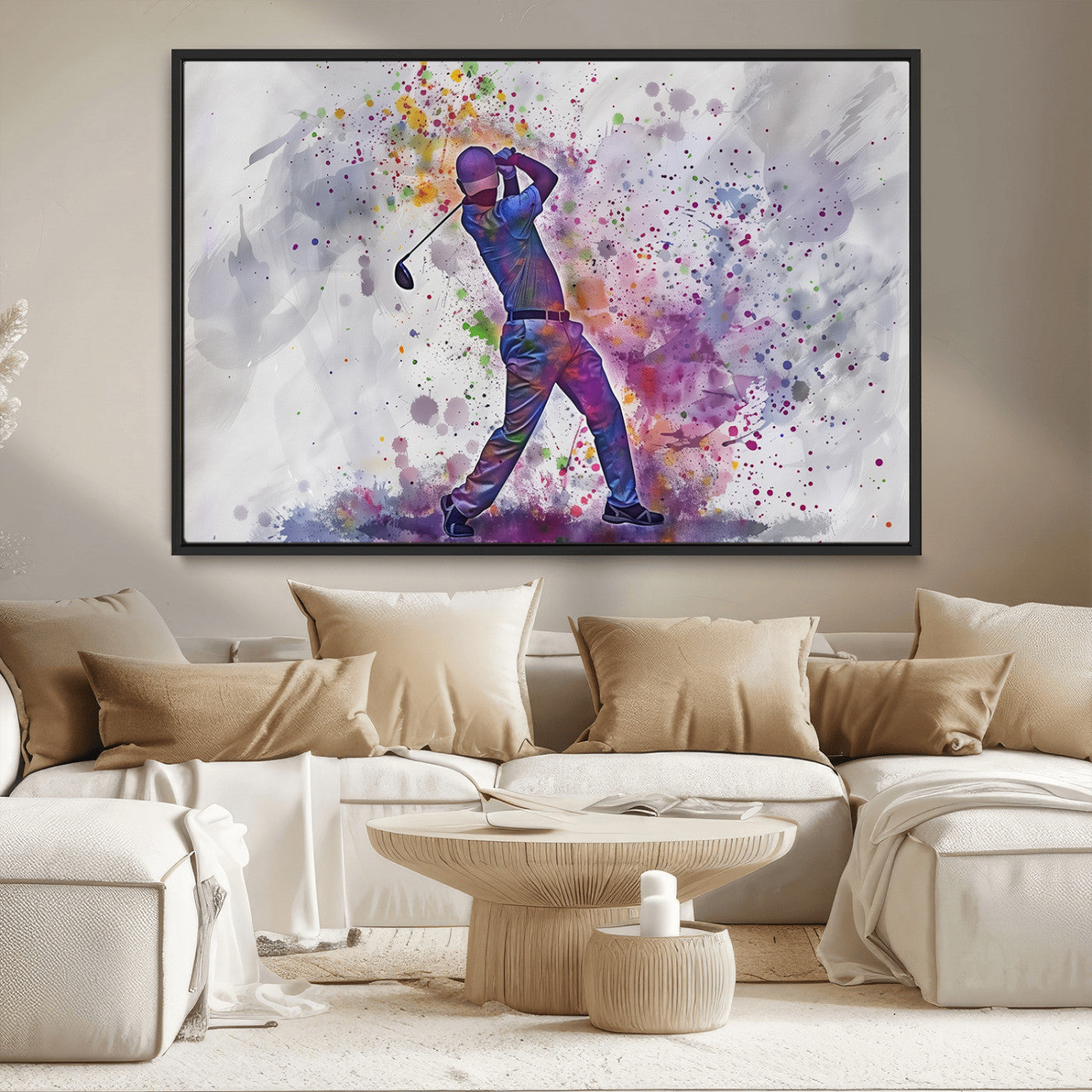 MGV-FC-36X24 - Watercolor Golf Swing Wall Art Canvas Print | Vibrant Abstract Golf Player Silhouette |