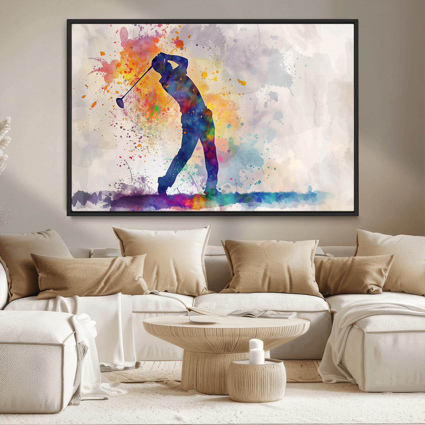 MGV-FC-36X24 - Watercolor Golf Swing Wall Art Canvas Print | Vibrant Abstract Golf Player Silhouette |