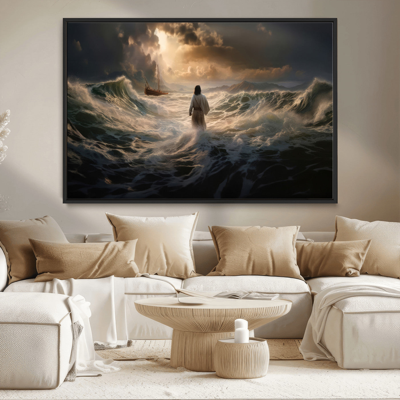 MGV-FC-36X24 - Jesus Walking on Water Wall Art Canvas Print - Religious Spiritual Decor - Jesus Wall Art Canvas