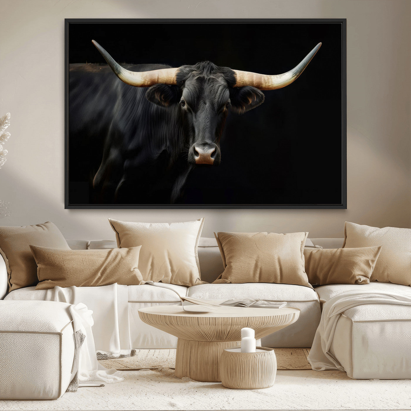 MGV-FC-36X24 - Texas Longhorn Cow | Majestic Black Bull Wall Art Canvas Print - Farmhouse Animal Decor - Ready to