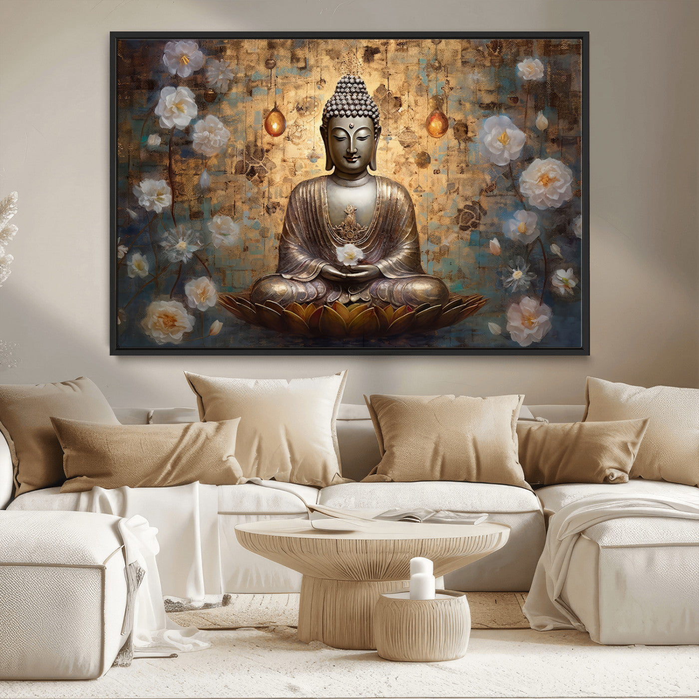 MGV-FC-36X24 - Golden Buddha Wall Art Canvas Print | Zen Meditation Floral Decor | Tranquil Spiritual Home Art |