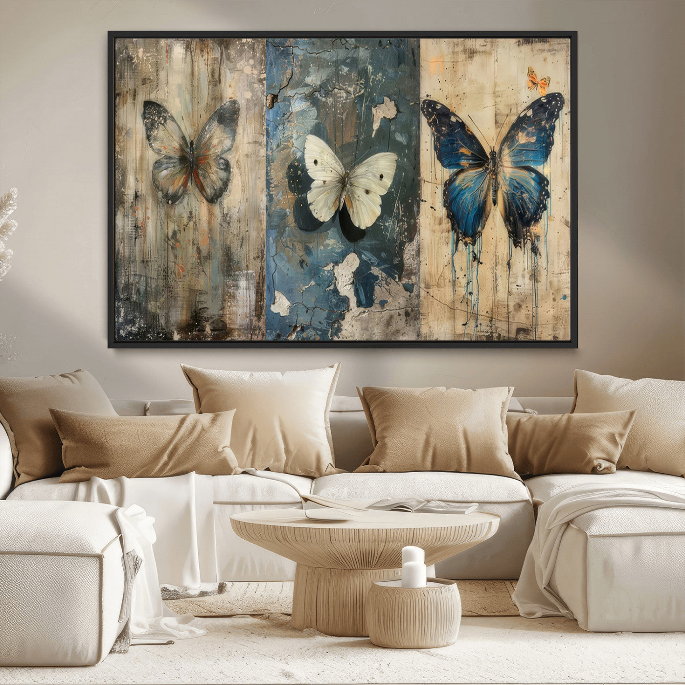 MGV-FC-36X24 - Butterfly Wall Art Trio | Vintage Butterfly Canvas Print | Ready to Hang Framed Artwork for