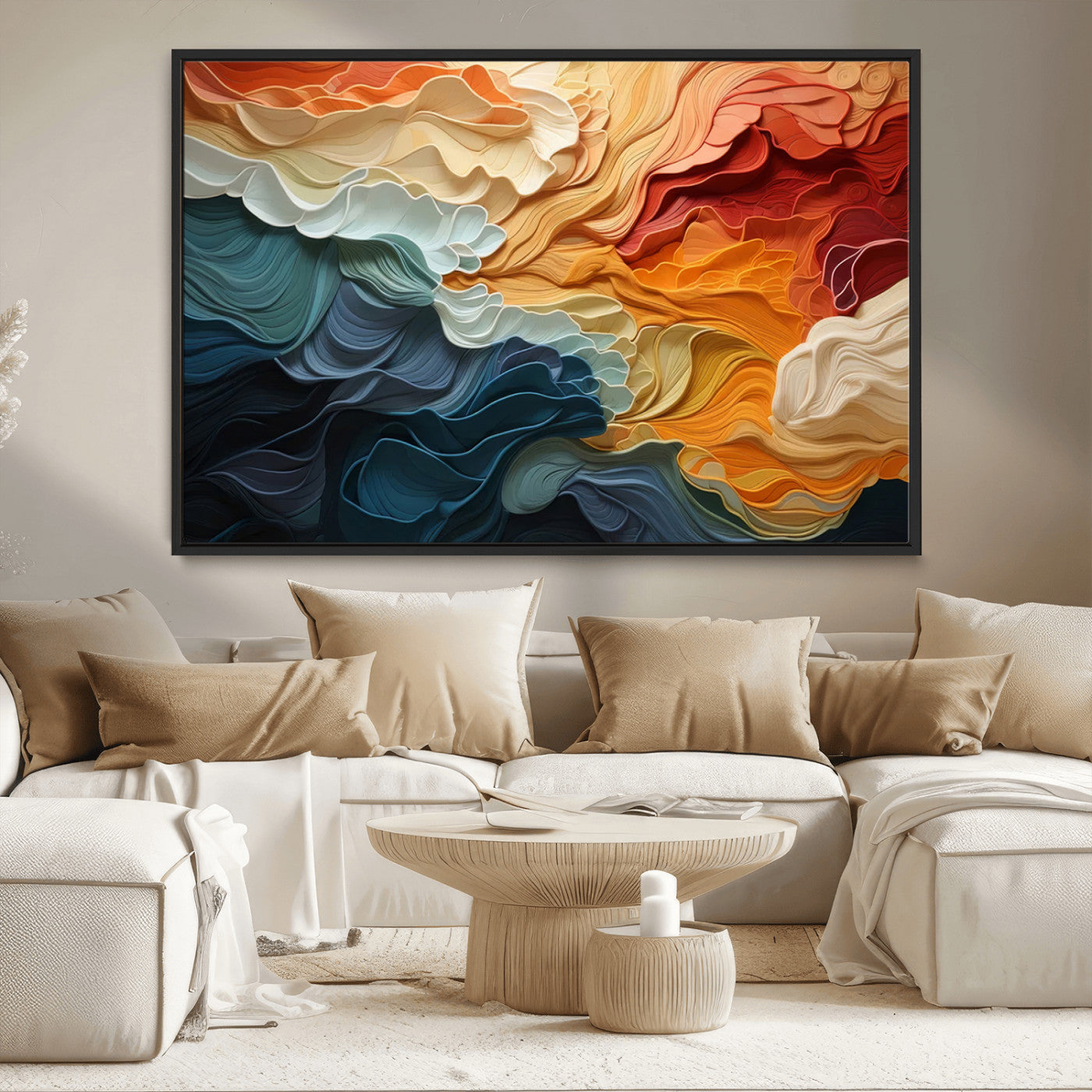 MGV-FC-36X24 - Blue Orange Abstract Wave Wall Art Canvas Print, Framed Blue Orange Wave Wall Art