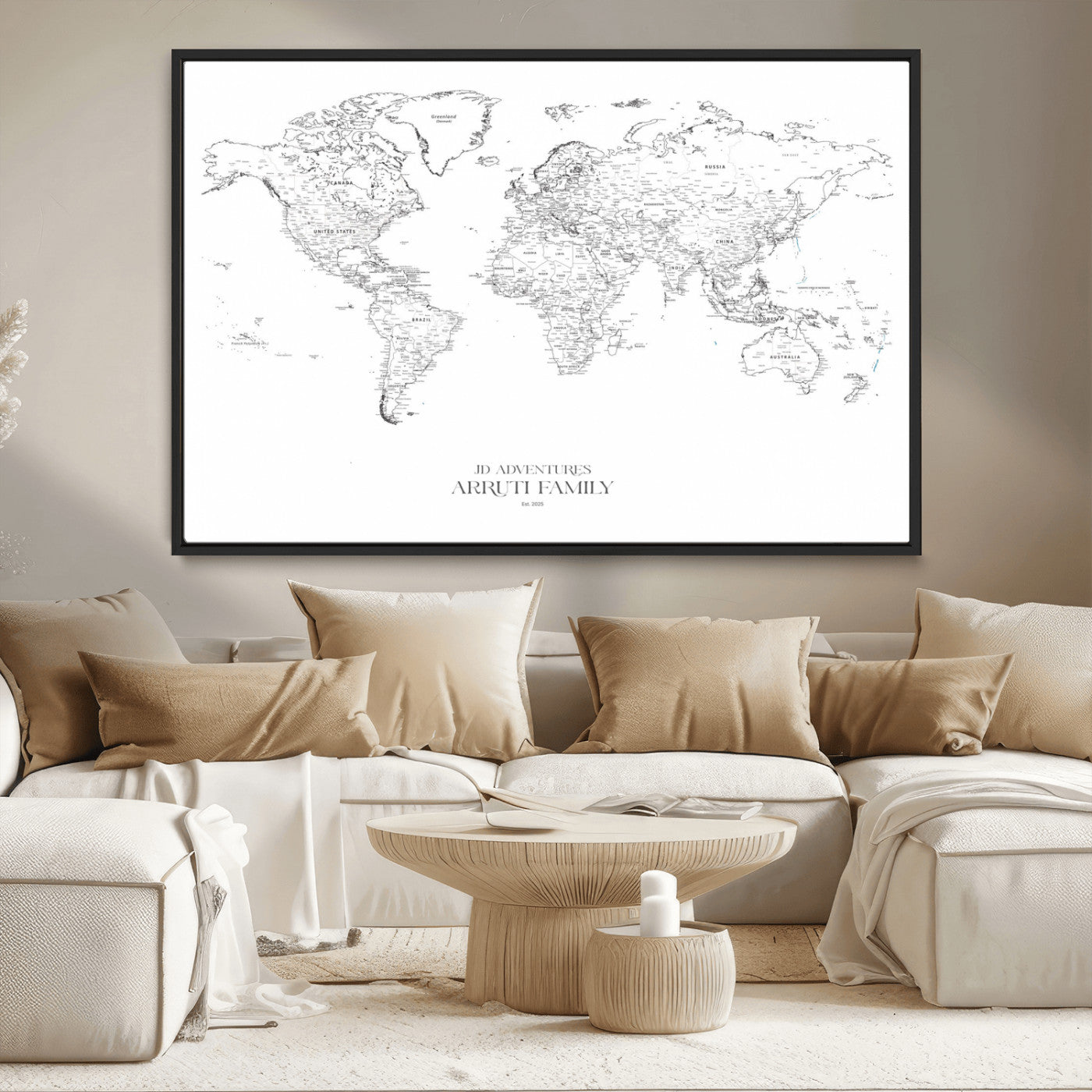 MGV-FC-36X24 - Custom World Map Wall Art – Personalized Framed Canvas Print with Push Pins for Travel Tracking,