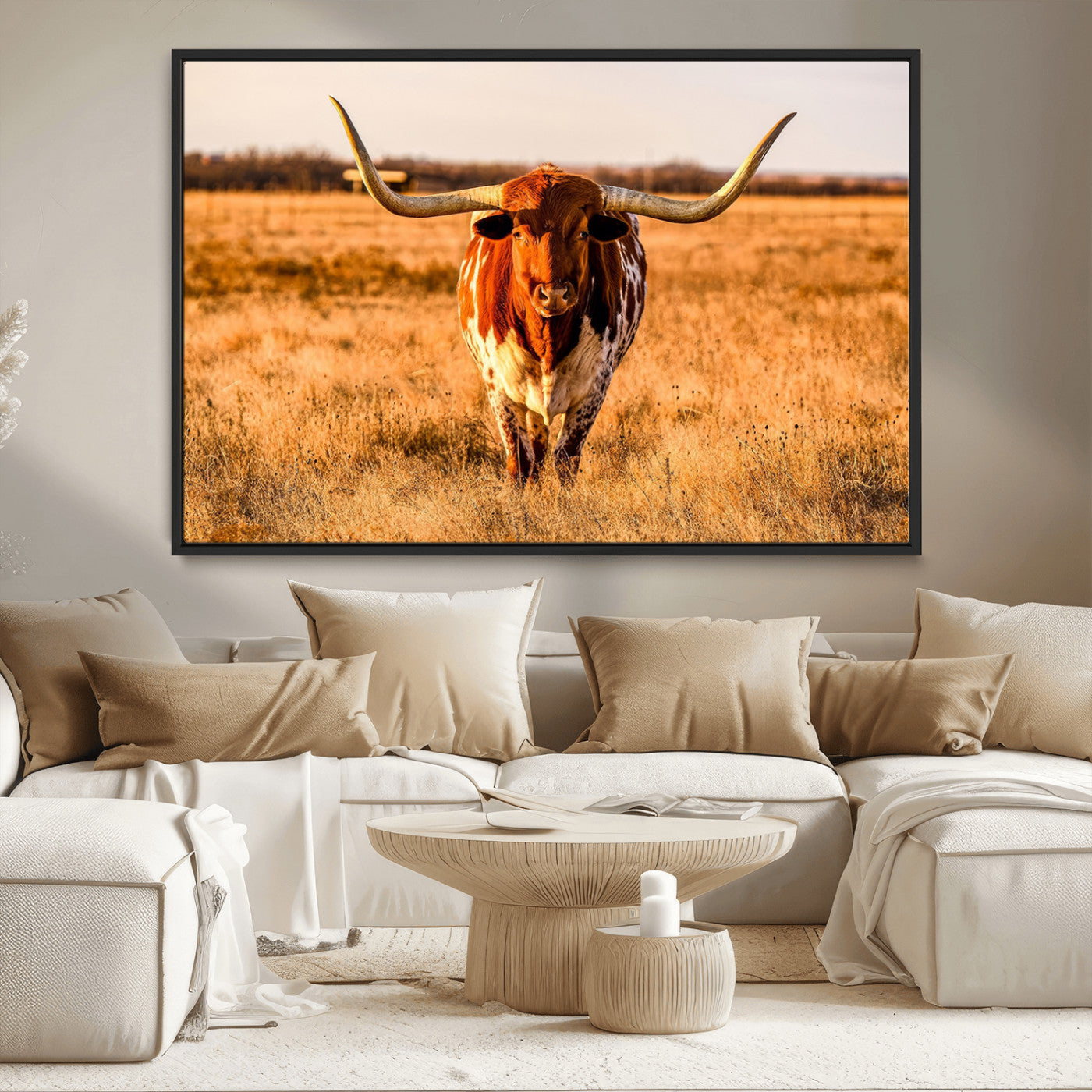 MGV-FC-36X24 - Longhorn Cow Wall Art | Ready to Hang Framed Canvas Print for Farmhouse and Barn Decor