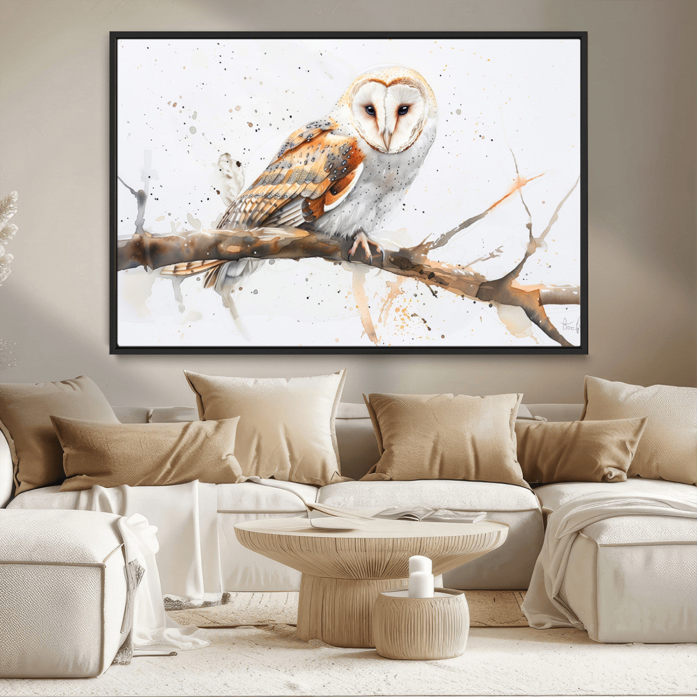 MGV-FC-36X24 - Barn Owl Wall Art on Branch | Stunning Canvas Print for Nature Lovers | Ready to Hang and Framed