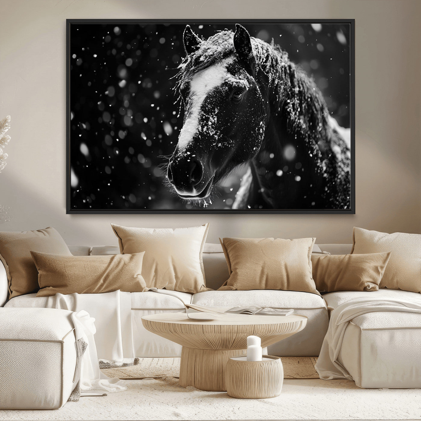 MGV-FC-36X24 - Winter Horse Wall Art | Black and White Horse Print | Ready to Hang and Framed | Farmhouse Wall Art