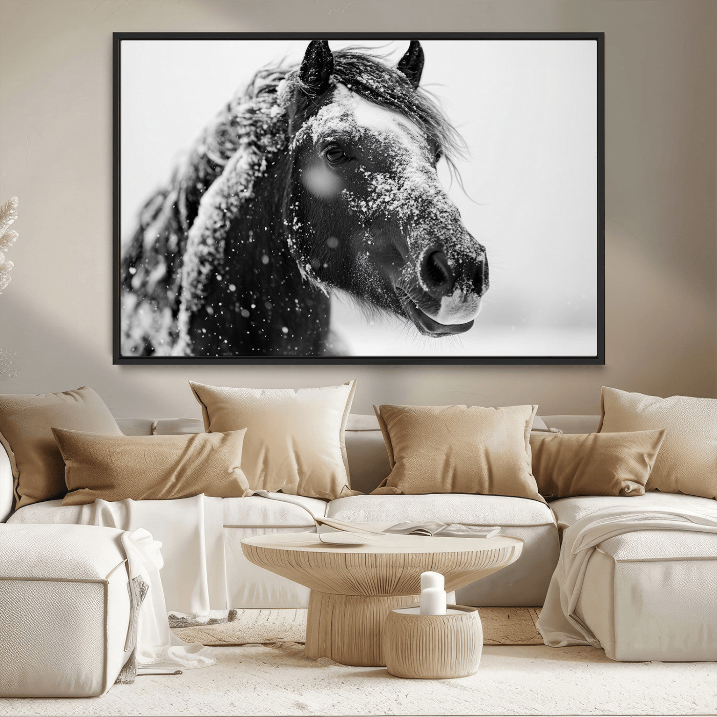 MGV-FC-36X24 - Winter Horse Canvas Print | Large 3-Panel Black White Equine Photography for Rustic Farmhouse Wall