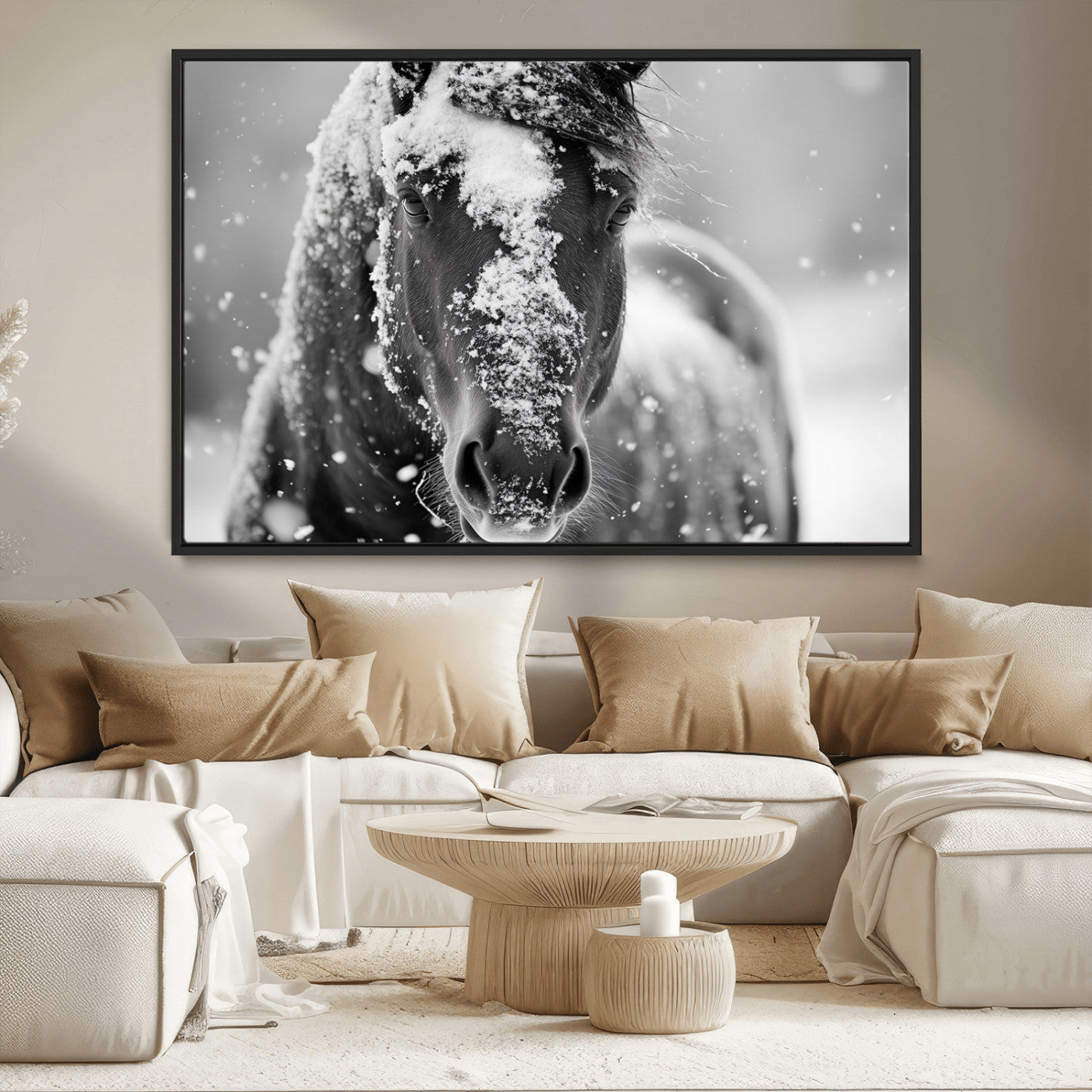 MGV-FC-36X24 - Black and White Horse Winter Wall Art | Ready to Hang and Framed | Farmhouse Wall Decor | Western