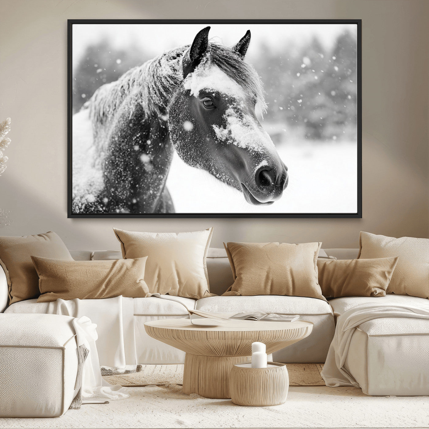 MGV-FC-36X24 - Black Horse Winter Wall Art | Ready to Hang and Framed | Farmhouse and Western Wall Decor for Living