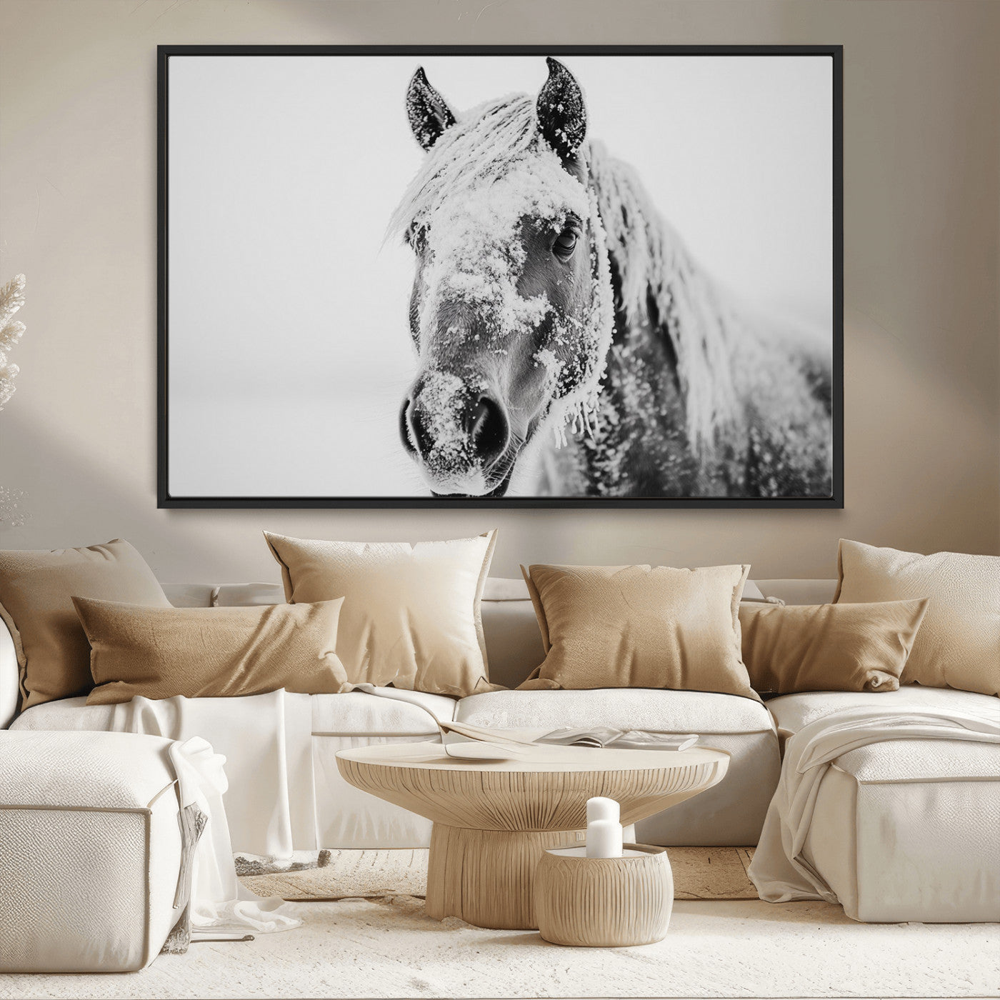 MGV-FC-36X24 - White Horse Wall Art | Ready to Hang and Framed | Winter Horse Wall Art Print for Farmhouse and