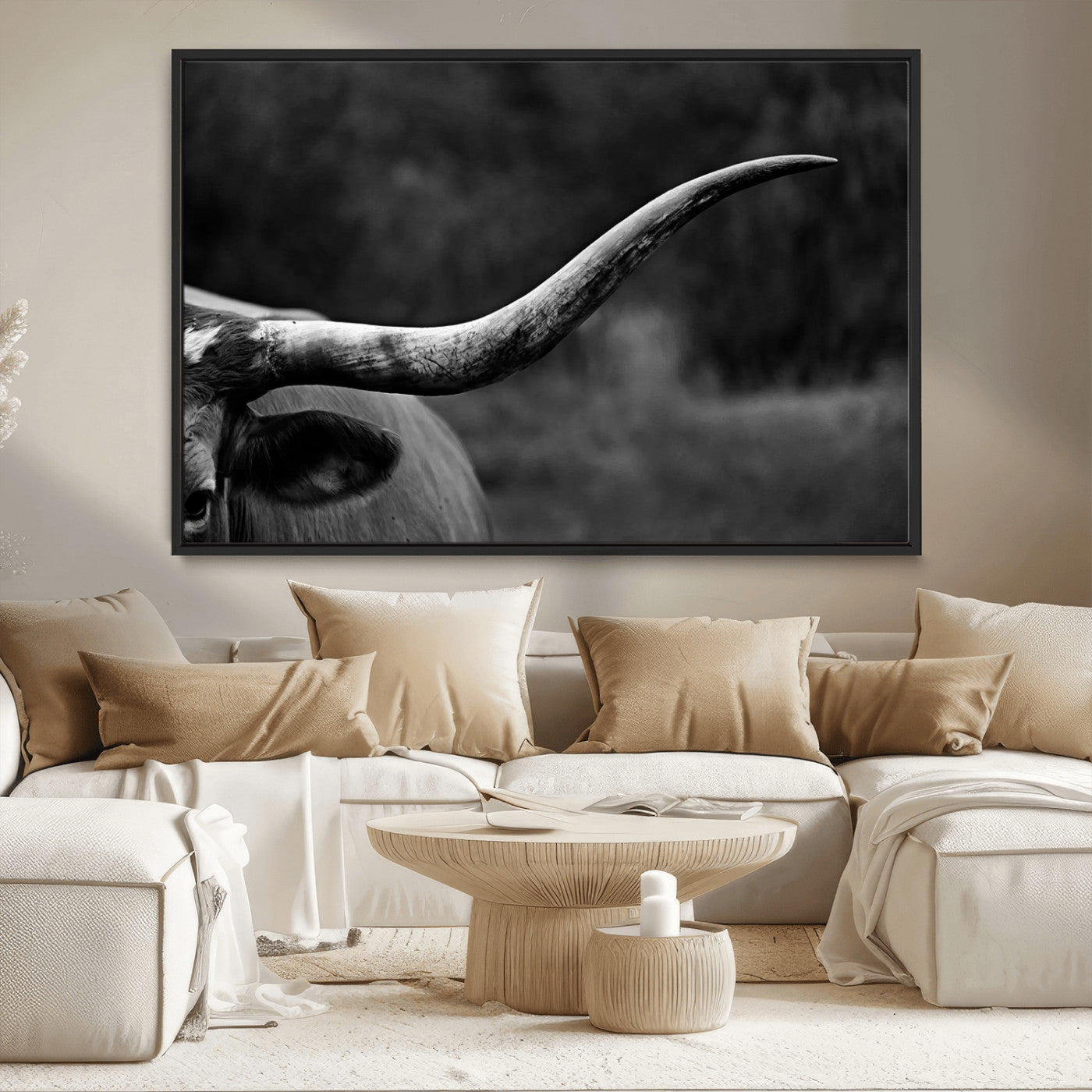 MGV-FC-36X24 - Cow Longhorn Wall Art | Black and White Print | Ready to Hang and Framed | Farmhouse Wall Decor |
