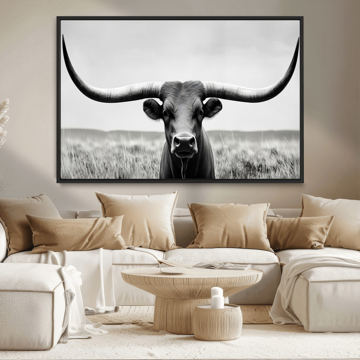 -Longhorn Bull Canvas Print | Rustic Farmhouse Wall Art | Western Decor | Ready to Hang and Framed