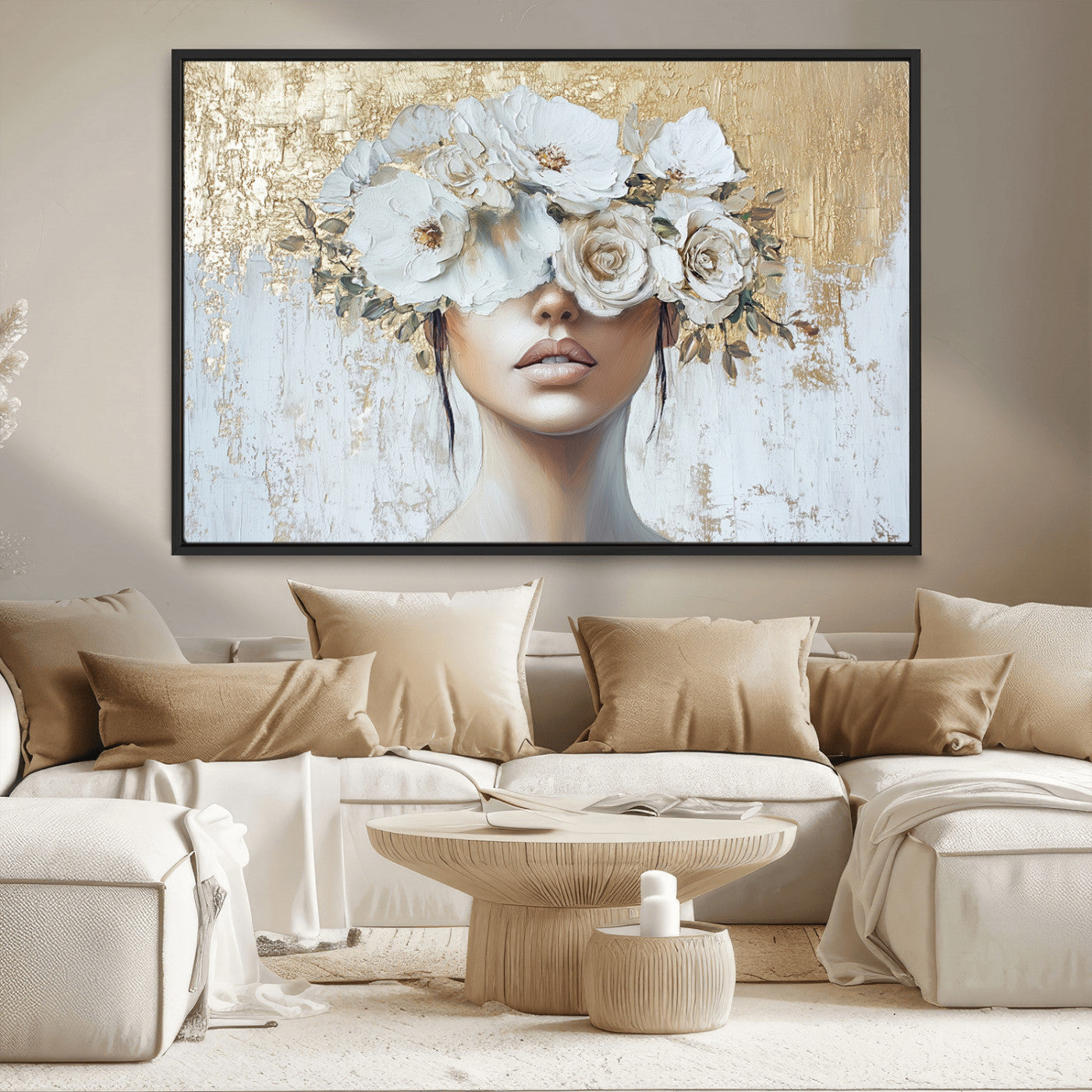 MGV-FC-36X24 - Golden Petal Wall Art - Canvas Print Flower Head Woman Painting Floral Woman Portrait Wall Decor,