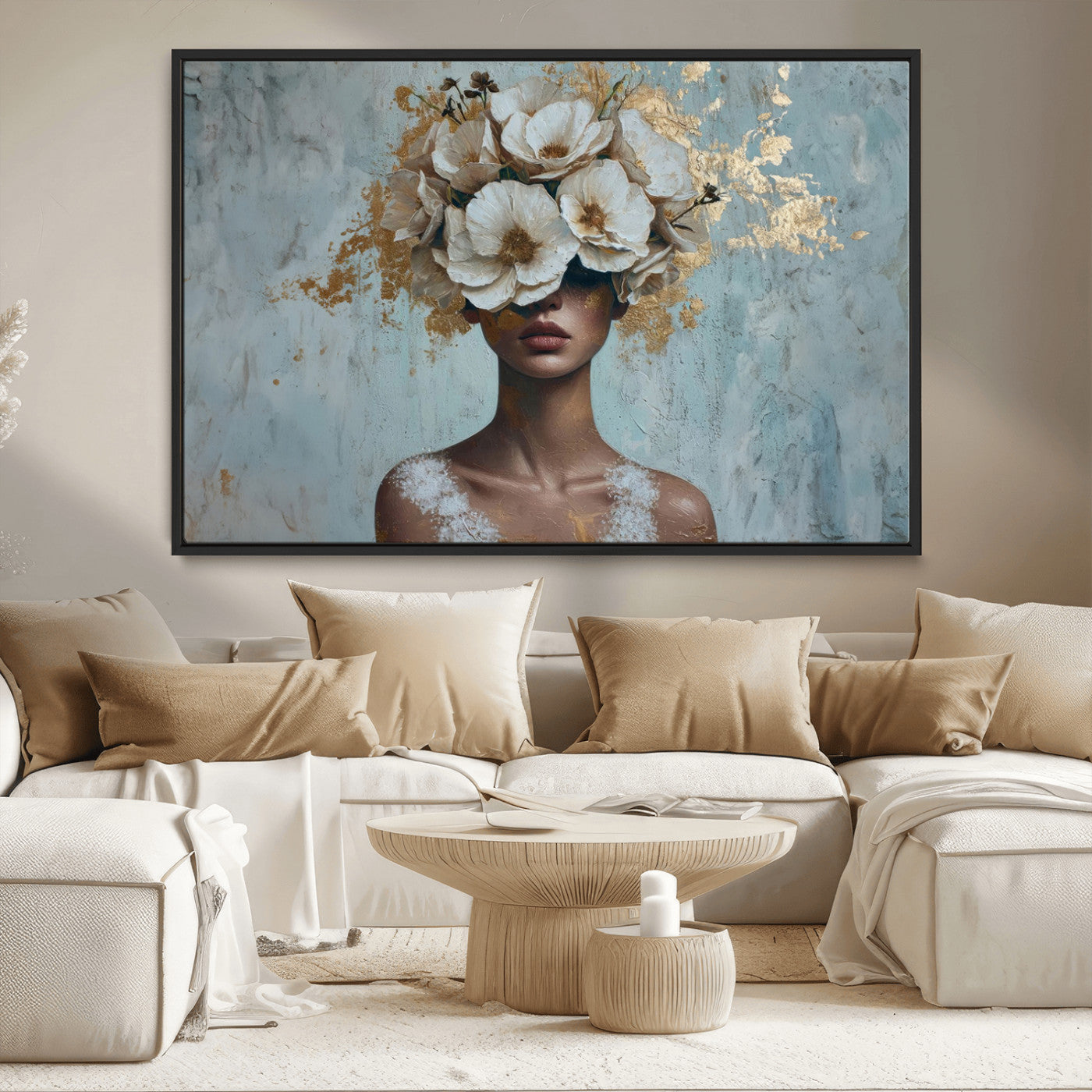 MGV-FC-36X24 - Golden Petal Wall Art - Petal Silhouette Woman Wall Art Canvas Print | Large 3-Panel Canvas with