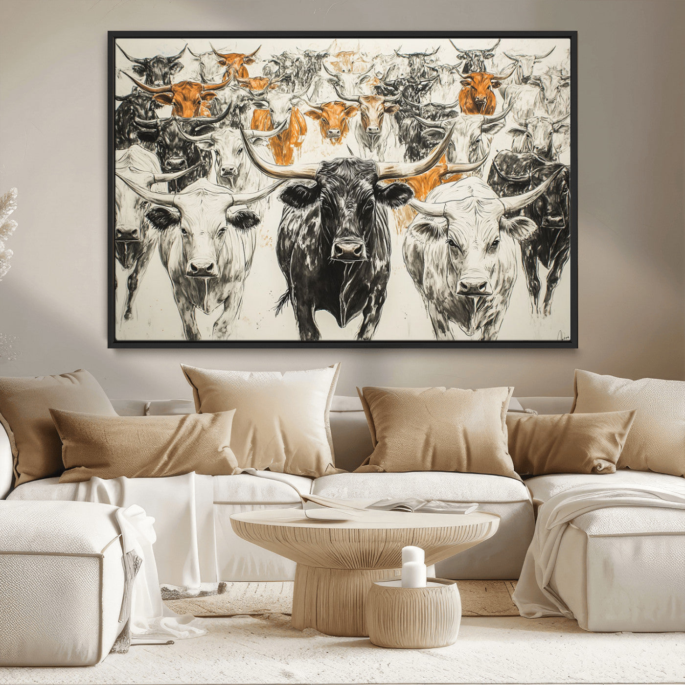 MGV-FC-36X24 - Texas Longhorn Wall Art - Herd Canvas Wall Art Print - Abstract Cow Drawing Wall Art Print for