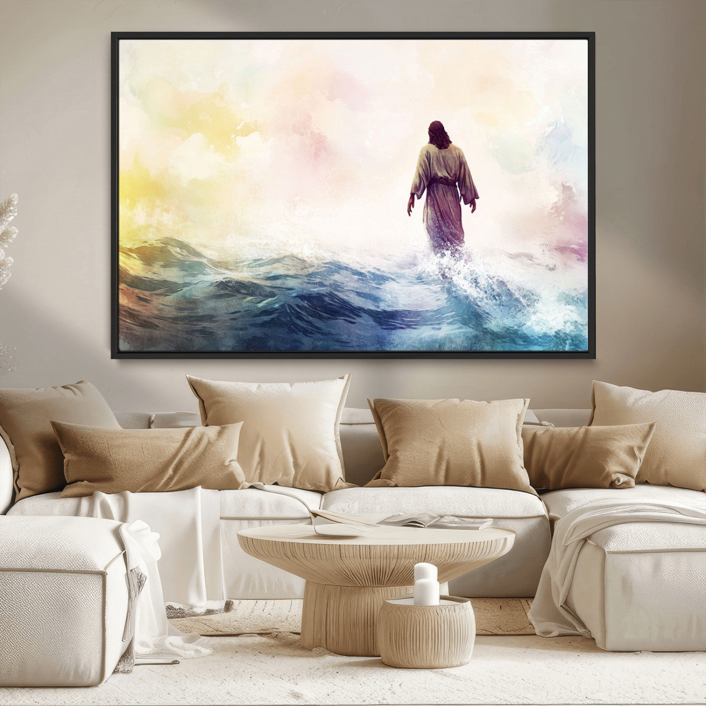 MGV-FC-36X24 - Watercolor Jesus Walking on Water Canvas Print, Christian Wall Art, Jesus Christ Walking