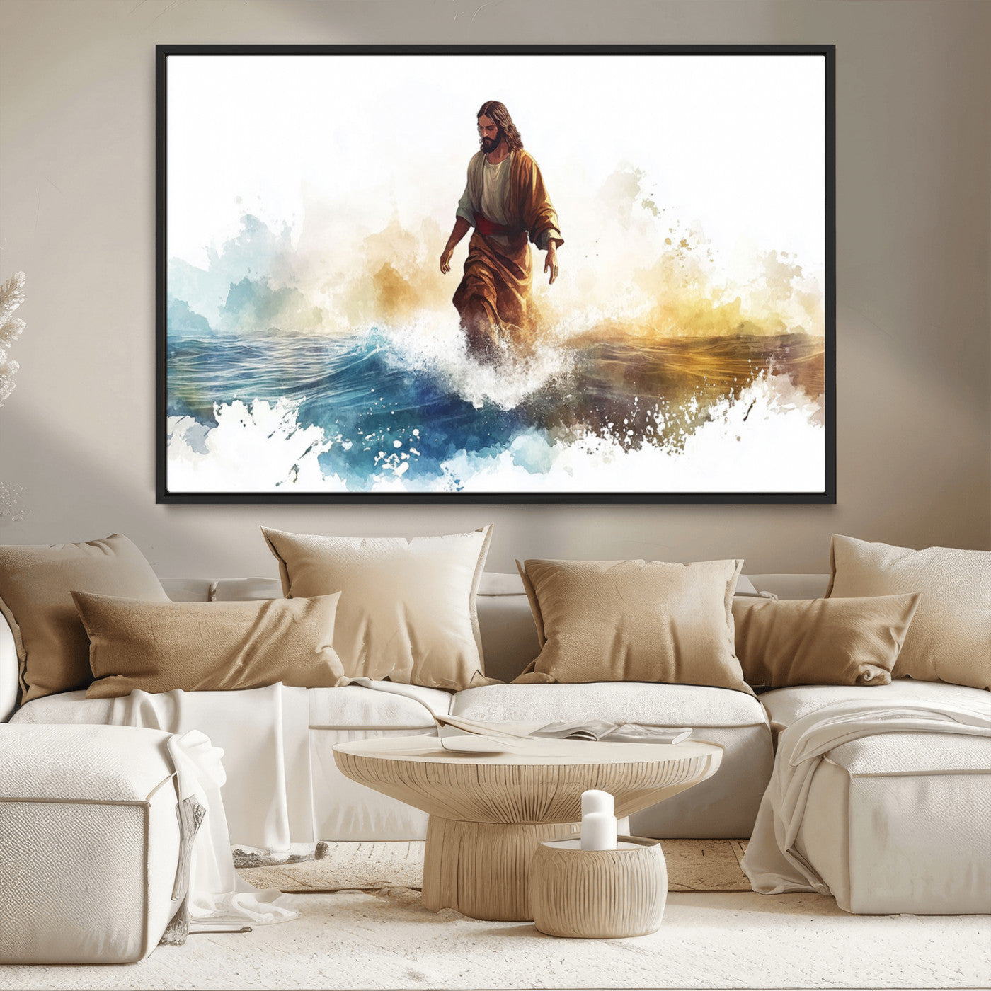 MGV-FC-36X24 - Watercolor Jesus Walking Wall Art Print, Jesus Water Canvas Print, Christian Wall Art, Jesus Christ