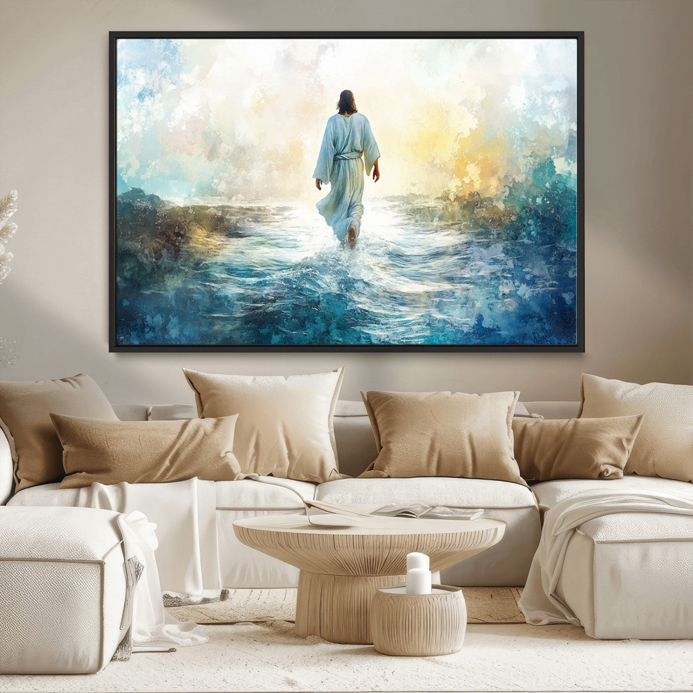 MGV-FC-36X24 - Watercolor Jesus Walking on Water Canvas Print, Christian Wall Art, Jesus Christ Walking