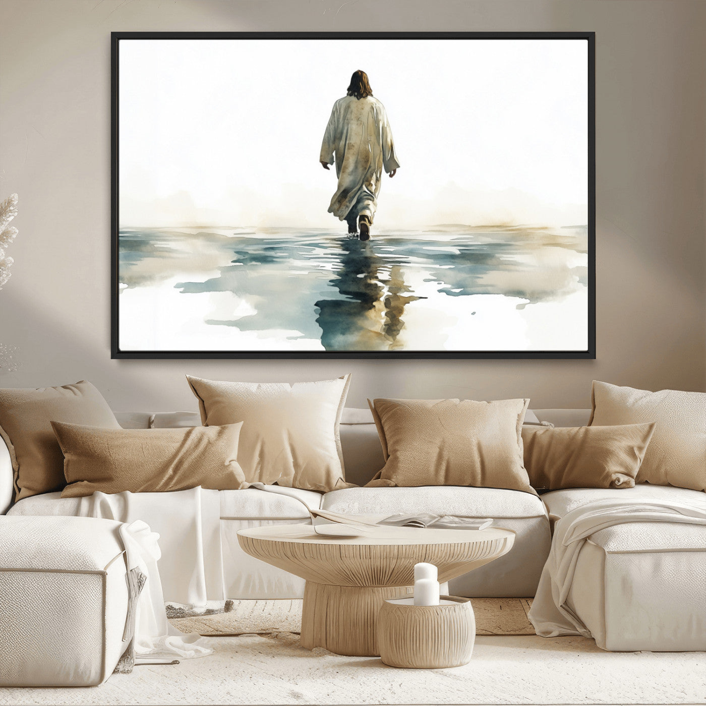 MGV-FC-36X24 - Watercolor Jesus Walking on Water Canvas Print, Christian Wall Art, Jesus Christ Walking
