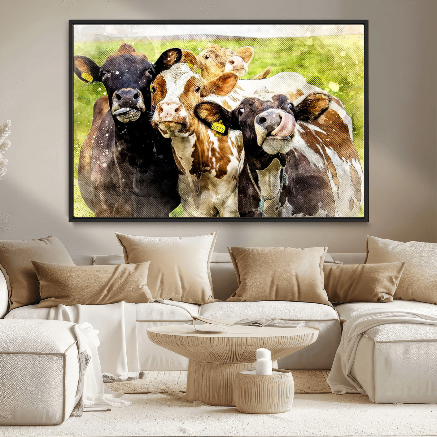 MGV-FC-36X24 - Curious Cows Farmhouse Wall Art | Ready to Hang and Framed Canvas Print | Rustic Farm Decor