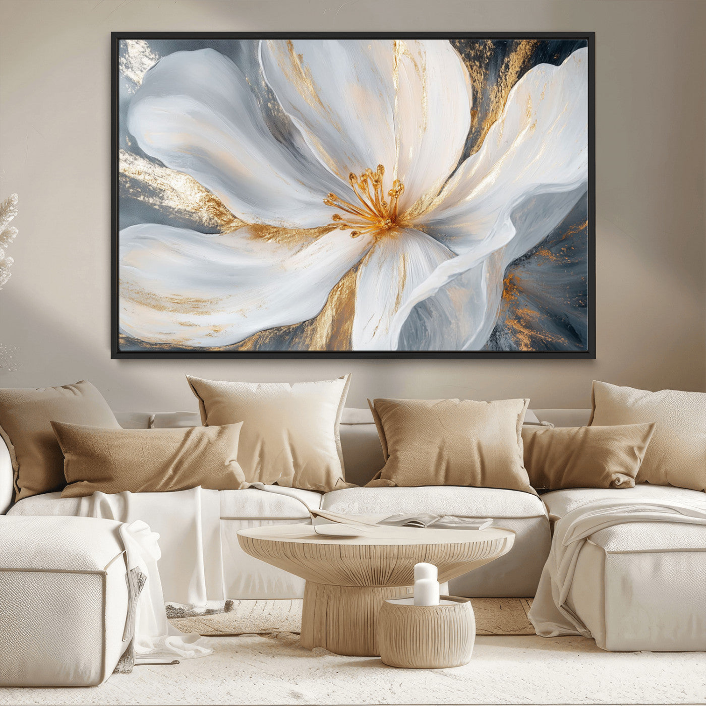 MGV-FC-36X24 - White and Gold Floral Canvas Wall Art - Framed and Ready to Hang - Perfect for Modern Living Rooms