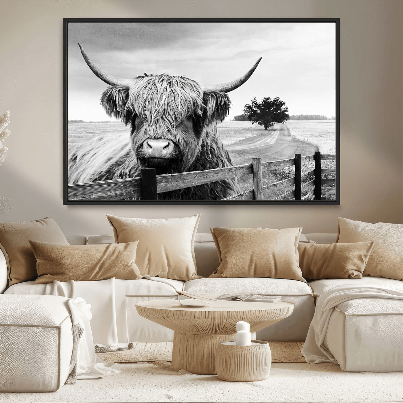 MGV-FC-36X24 - Scottish Highland Cow Wall Art | Rustic Farmhouse Décor | Black and White Ready to Hang Canvas Print