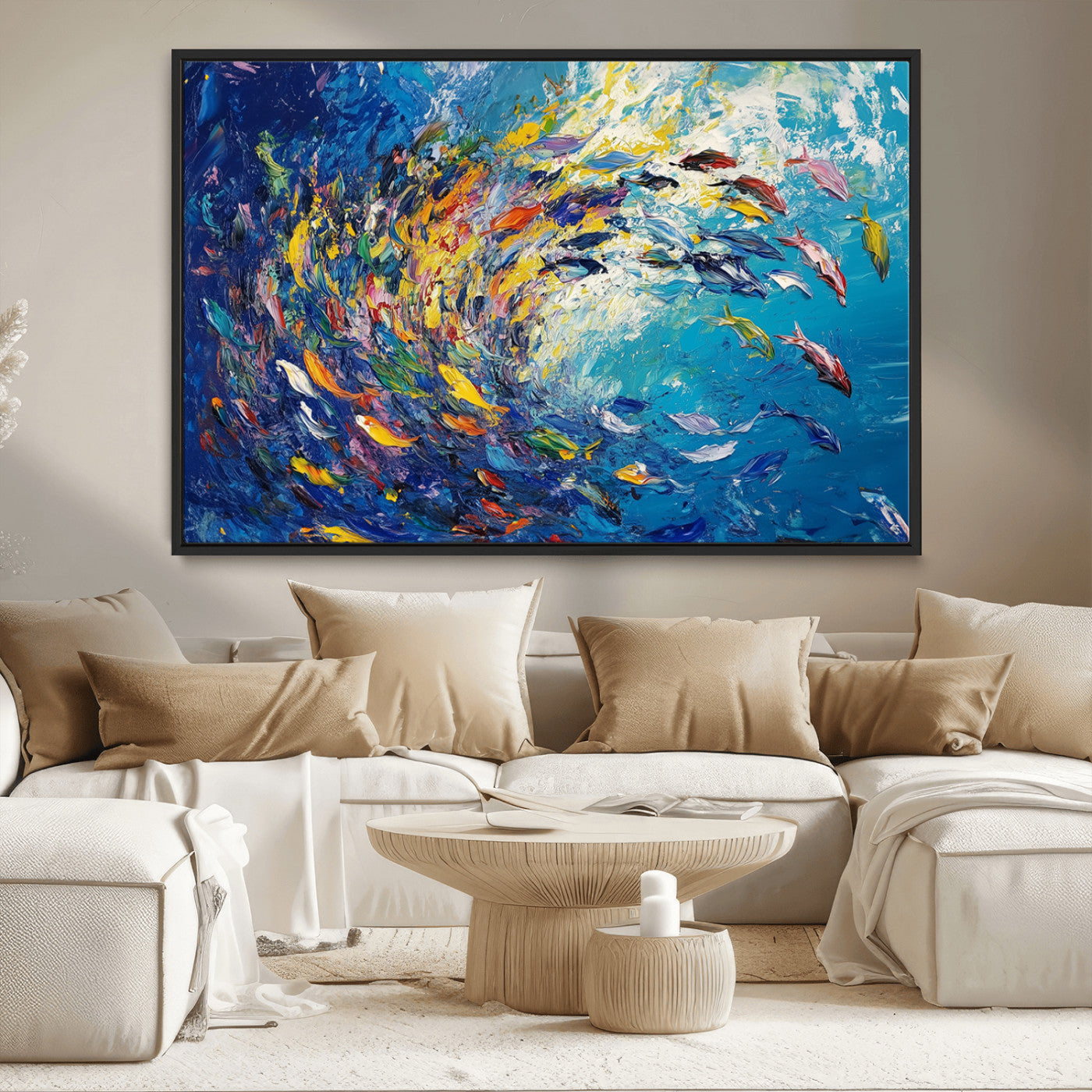 MGV-FC-36X24 - Colorful Swirling Fish School Wall Art Canvas Print | Oceanic Abstract Painting | Ready to Hang |