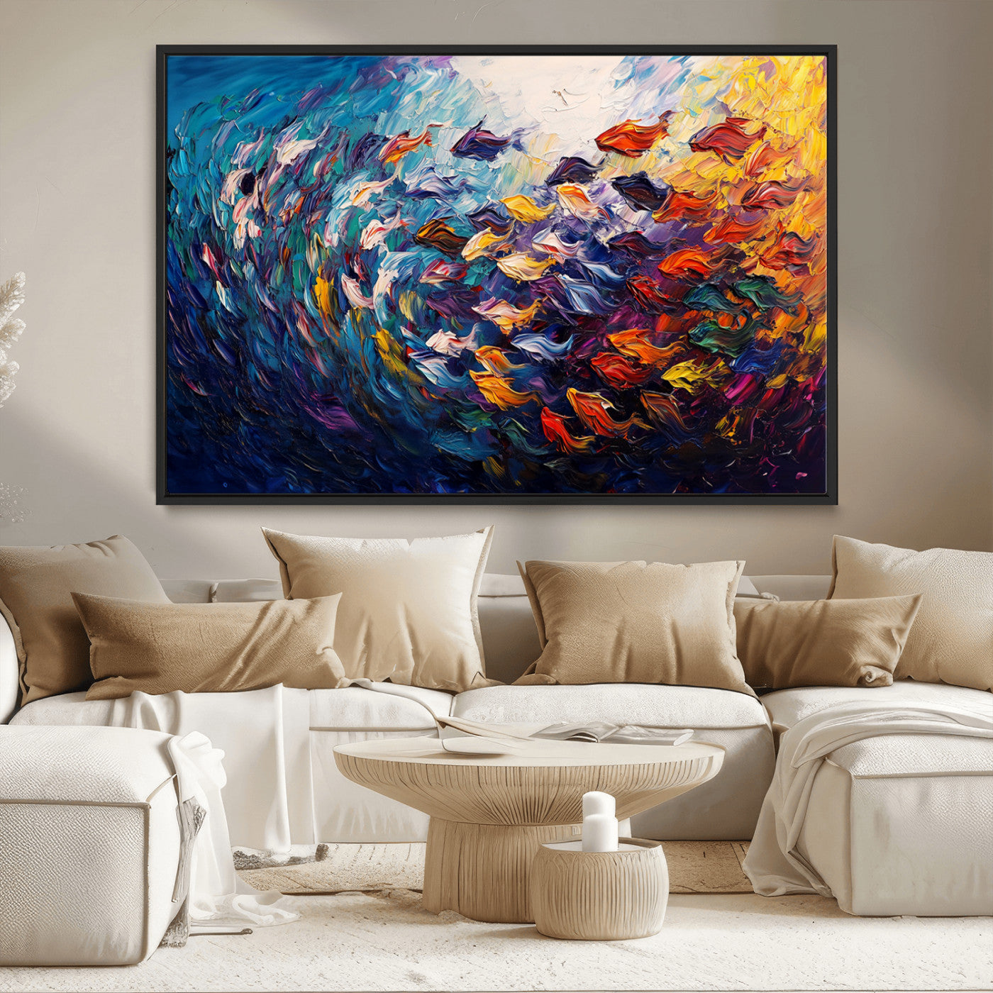 MGV-FC-36X24 - Vibrant Abstract Fish Swarm Art – Colorful Fish Inspired 3-Piece Canvas Wall Art for Living Room or