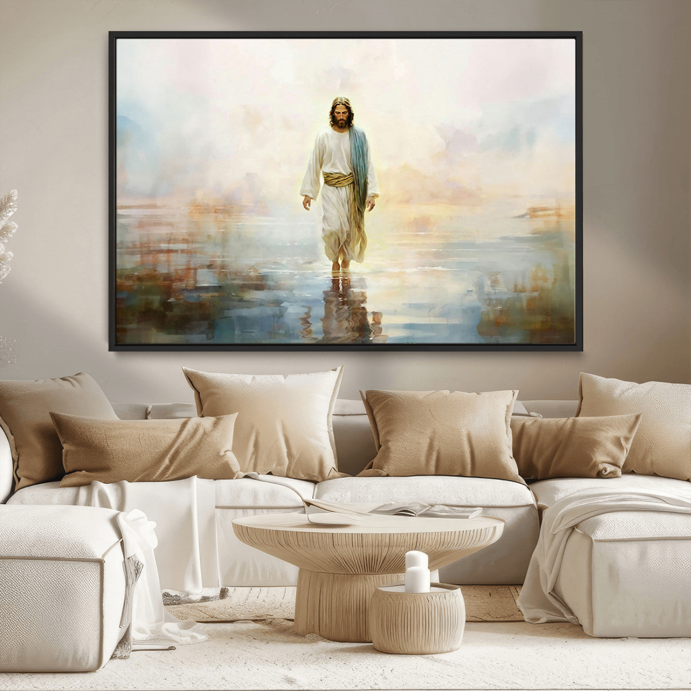 MGV-FC-36X24 - Framed Jesus Walking on Water Wall Art - 3-Panel Christian Canvas Prints, Religious Artwork for