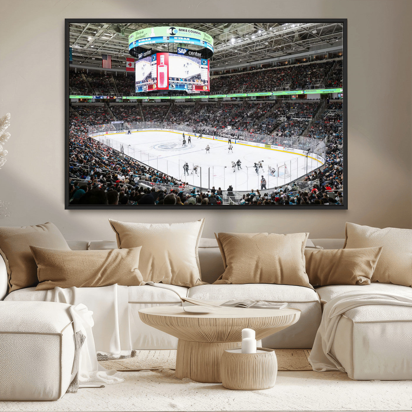 MGV-FC-36X24 - Sharks Arena Blackhawks Sharks Ice Hockey Stadium Wall Art Canvas Print, Framed Blackhawks Sharks