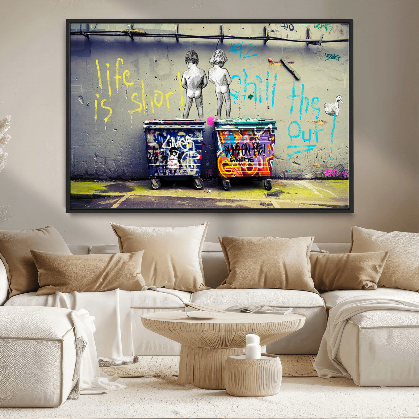 MGV-FC-36X24 - Banksy Life is Short Wall Art - Iconic Graffiti Art on Framed Ready-to-Hang Canvas - Street Art