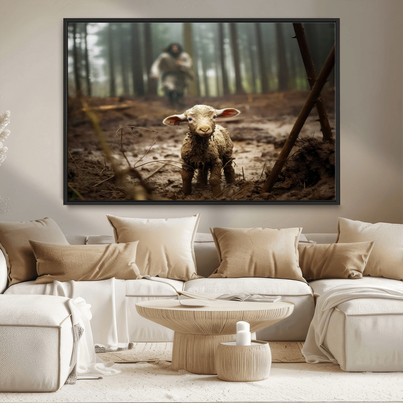 MGV-FC-36X24 - Jesus Running After a Lost Lamb Canvas Wall Art Print