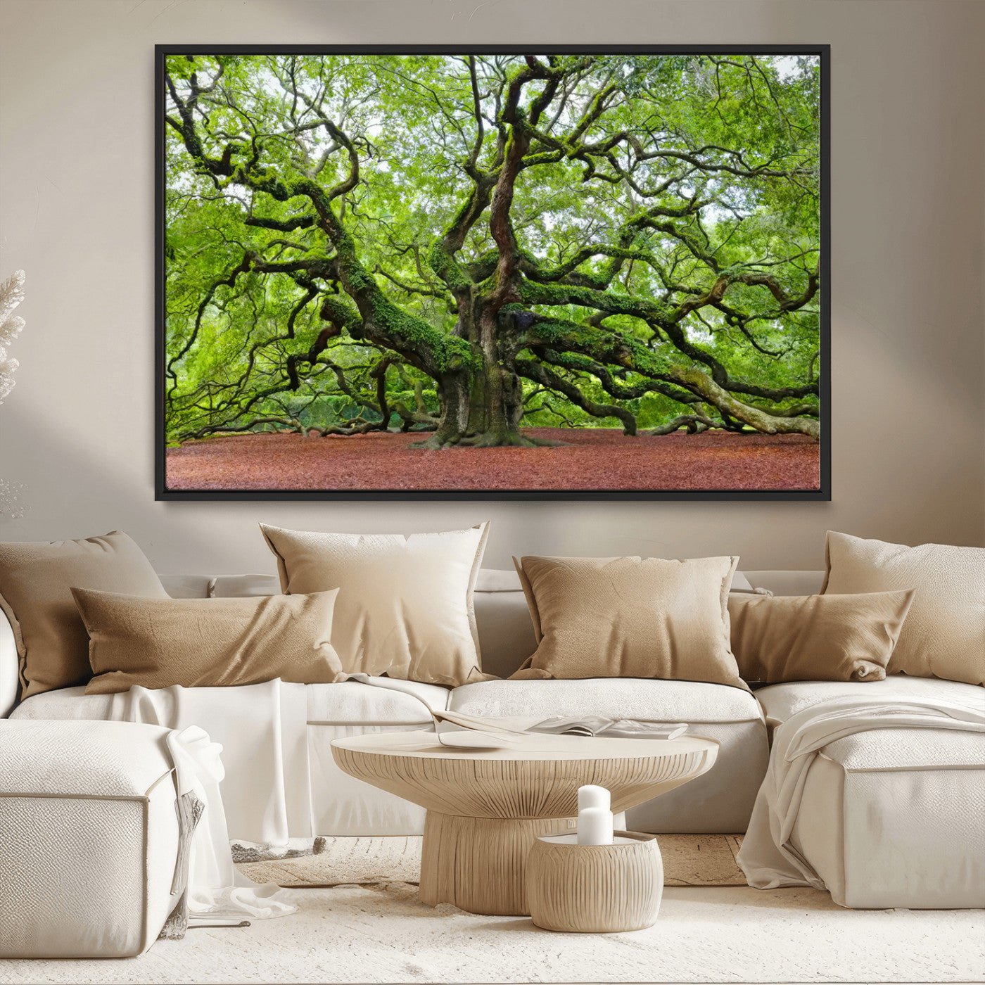 MGV-FC-36X24 - Framed Angel Oak Tree Wall Art - 3-Panel Canvas Prints, Large Green Nature Artwork, Ready to Hang