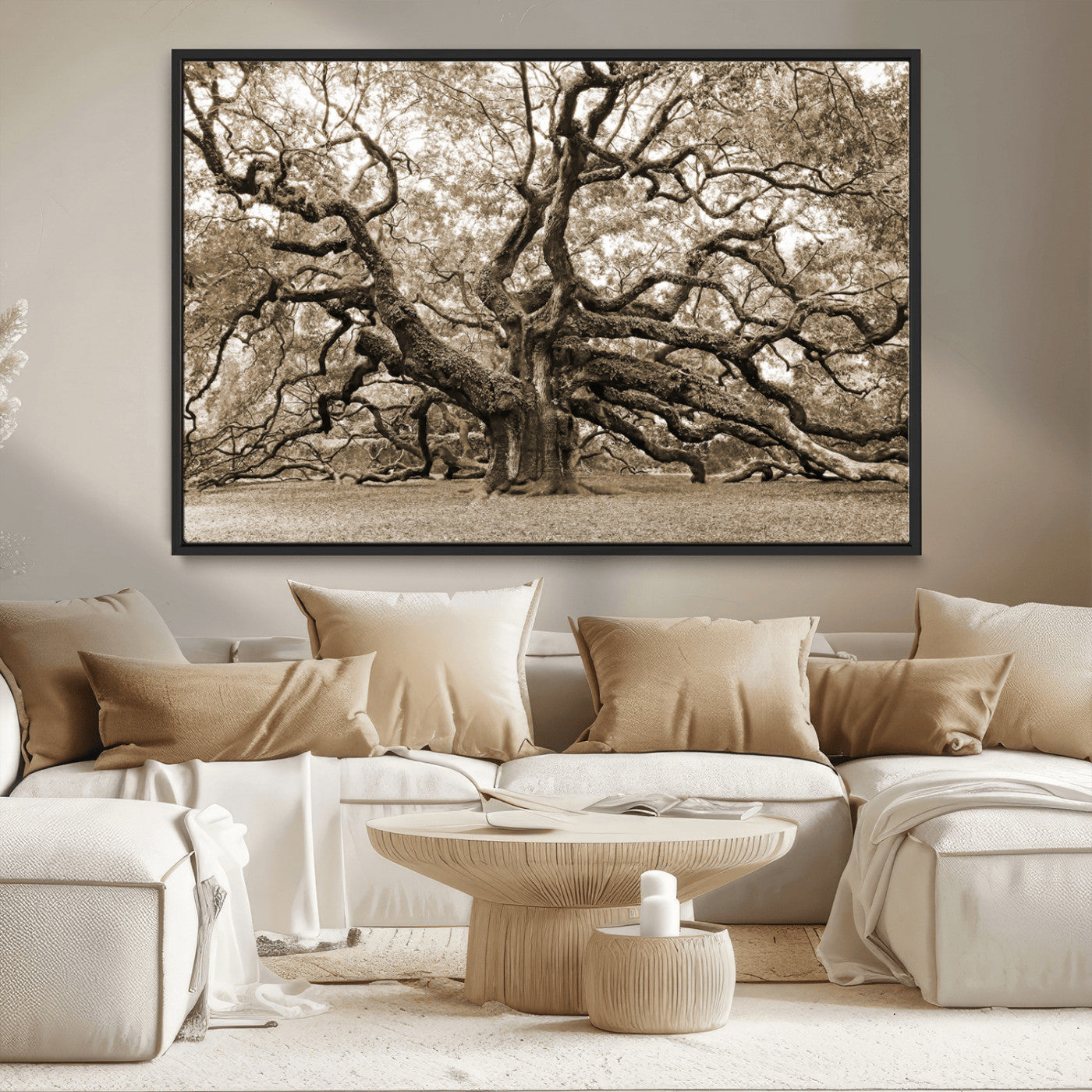 51126-MGV-CV-36X24-Sepia Framed Angel Oak Tree Wall Art - 3-Panel Canvas Prints, Large Green Nature Artwork, Ready to