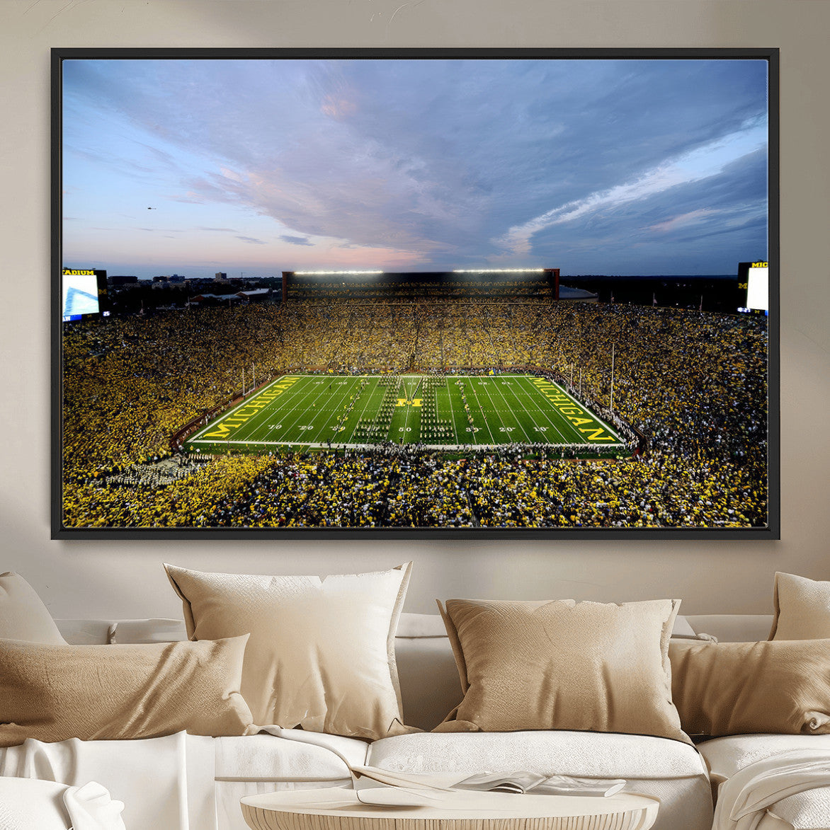 82641-MGV-FC-36X24 - Michigan Stadium Wall Art Canvas Print, Vibrant Game Day Crowd and Sunset Sky Football Field Artwork for Home, Office