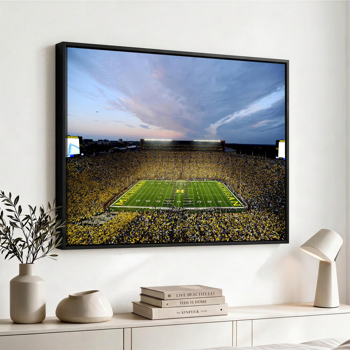 82641-MGV-CV-36X24 - Michigan Stadium Wall Art Canvas Print – Framed Football Field Scene with Marching Band Artwork for Home, Office