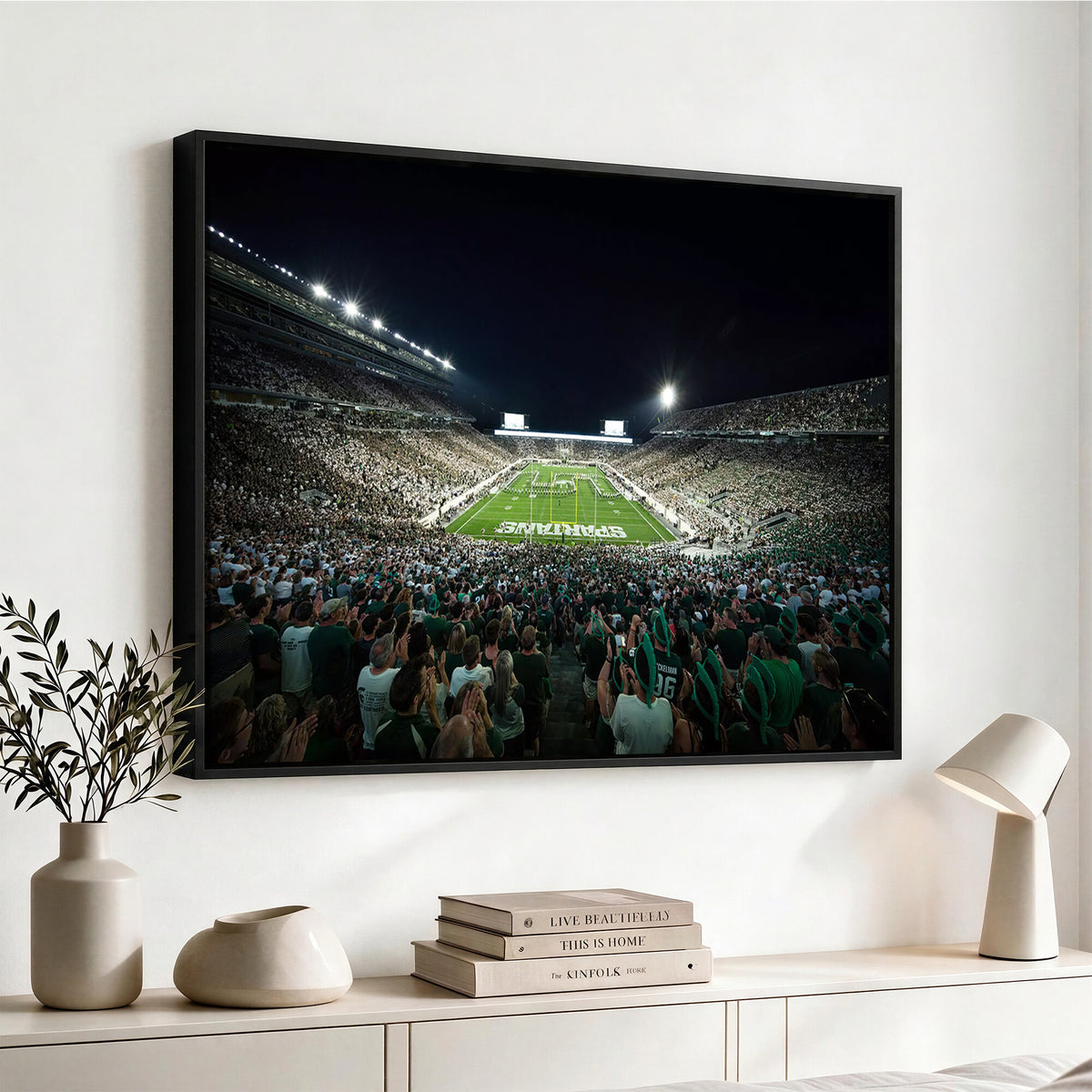 57523-PAN-FL-20X10 - Framed Michigan State Spartans Football Team Print - East Lansing Spartan Stadium Wall Art Canvas