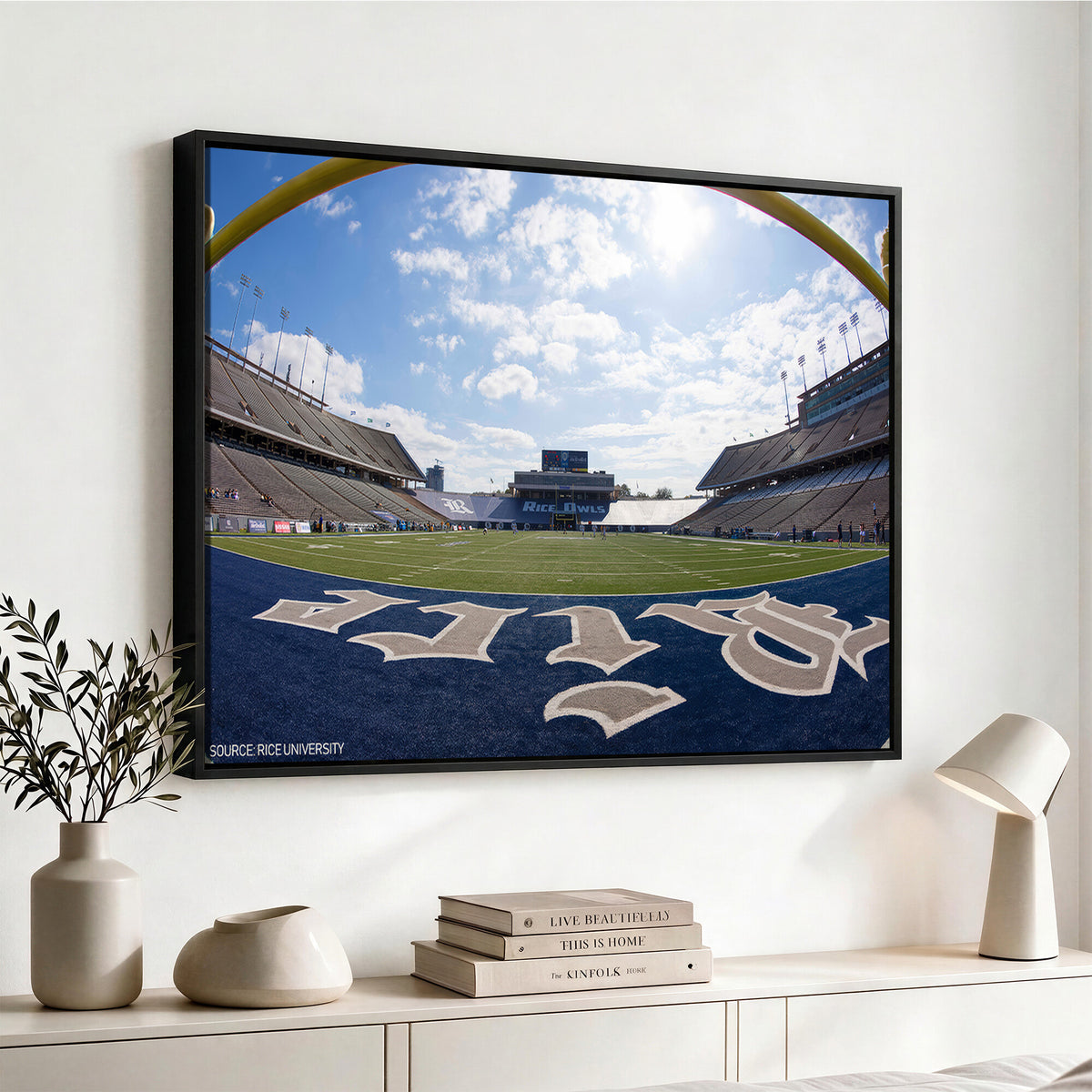 50267-MGV-CV-36X24 - Rice University Owls Football Team Print, Houston Rice Stadium, Framed and Ready to Hang