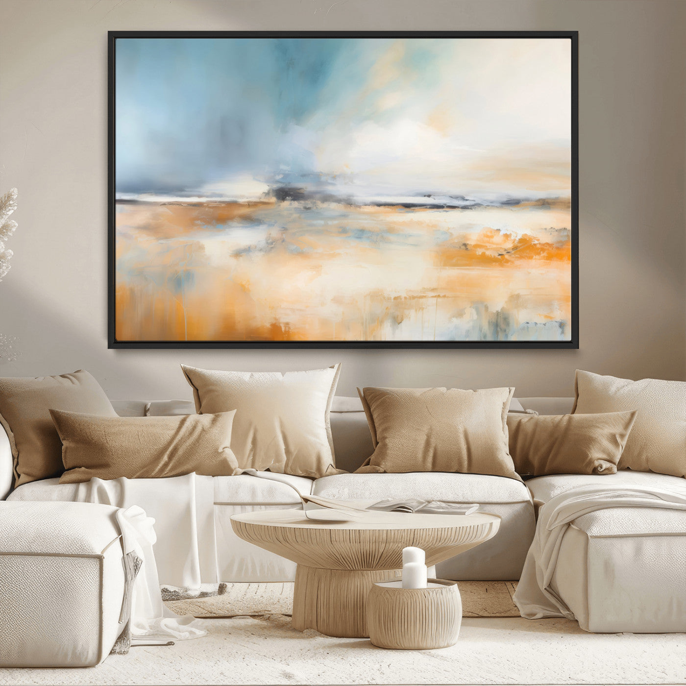 -Abstract Landscape Wall Art Canvas Print - Warm Tones of Orange and Blue, Modern Framed Art for Home
