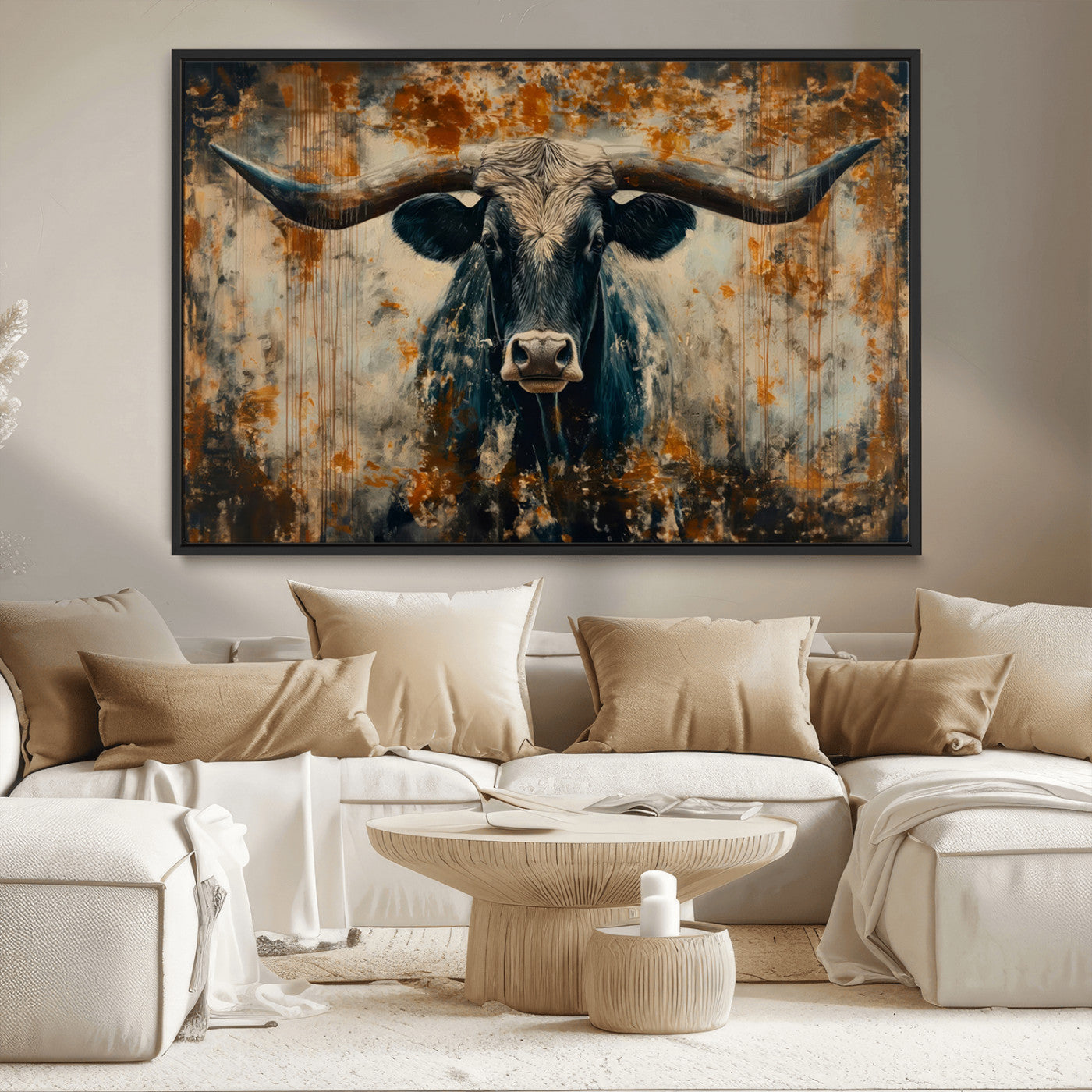 MGV-FC-36X24 - Abstract Longhorn Bull Wall Art | Rustic Western Wall Decor | Framed and Ready to Hang | Ideal for