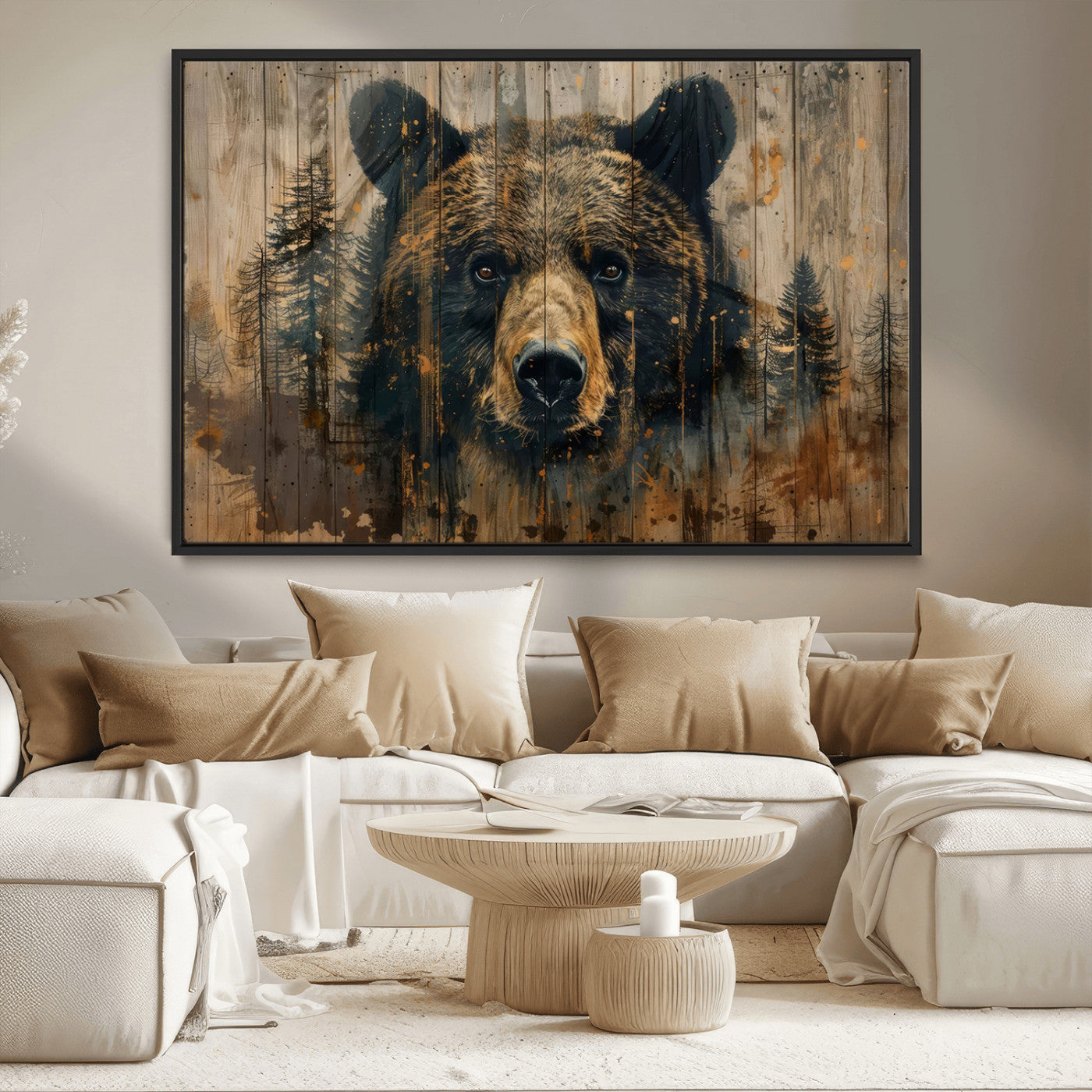 MGV-FC-36X24 - Abstract 399 Bear Wall Art | Rustic Cabin Wall Decor with Forest Design | Framed and Ready to Hang |