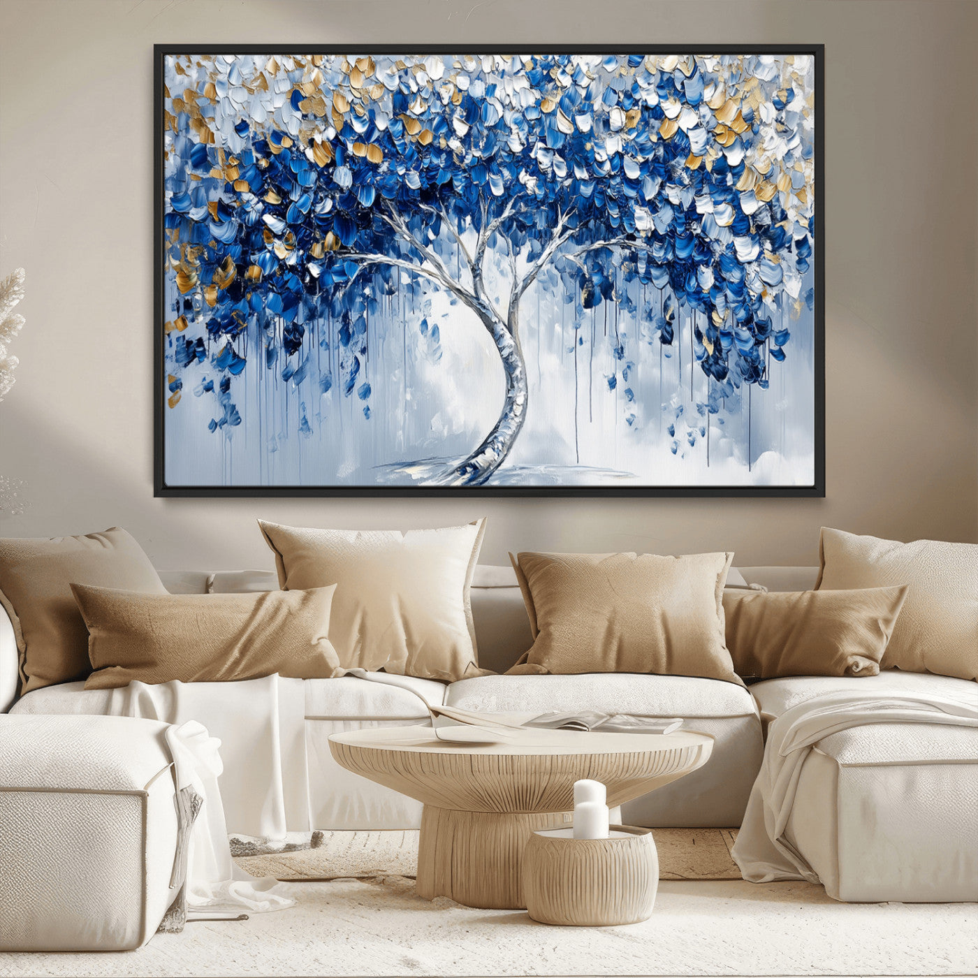 MGV-FC-36X24 - Blue and Gold Abstract Tree Wall Art Canvas Print | Modern Tree of Life Painting | Framed Canvas